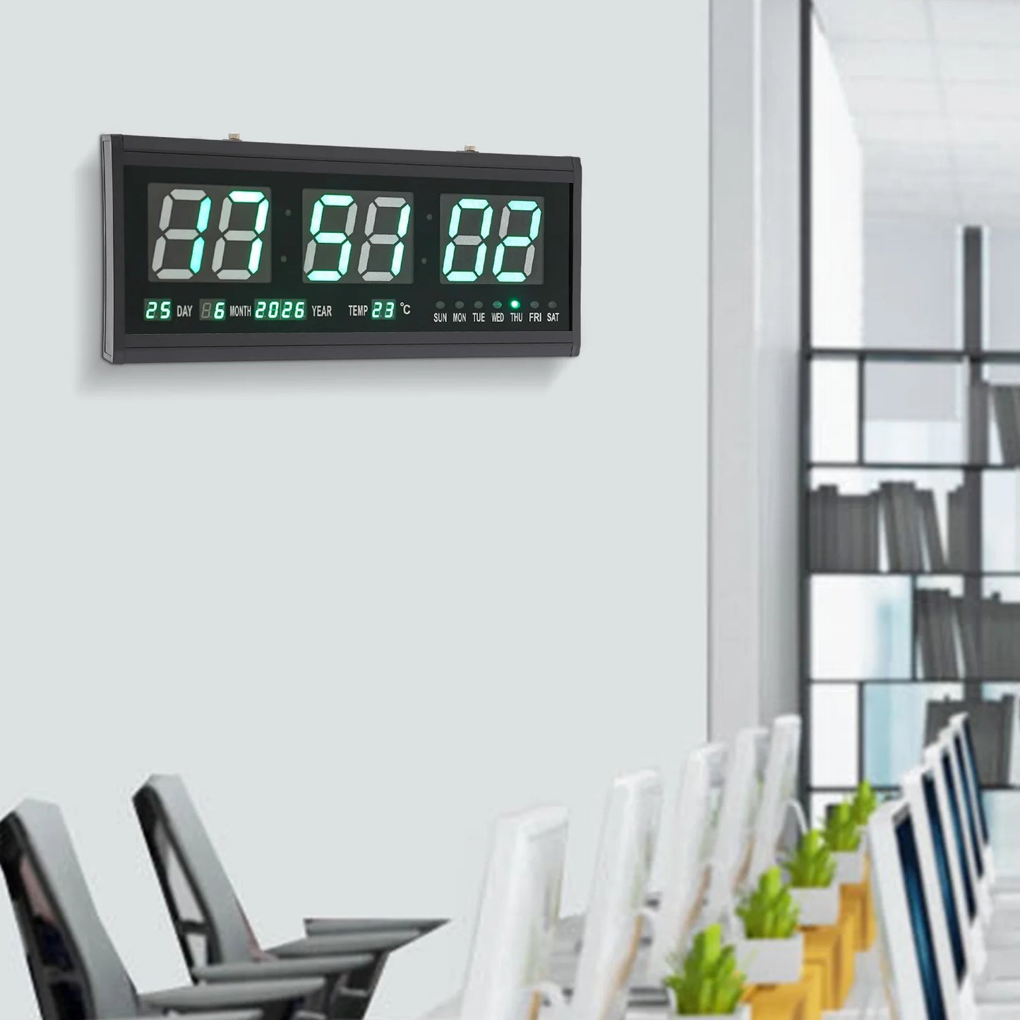 220 V große LED-Digital-Wanduhr, Zeit, Temperatur, Datum, Woche, Anzeige, automatischer Dimmer, leuchtende, leise Tischuhr, Wanduhr, 48 x 19 cm