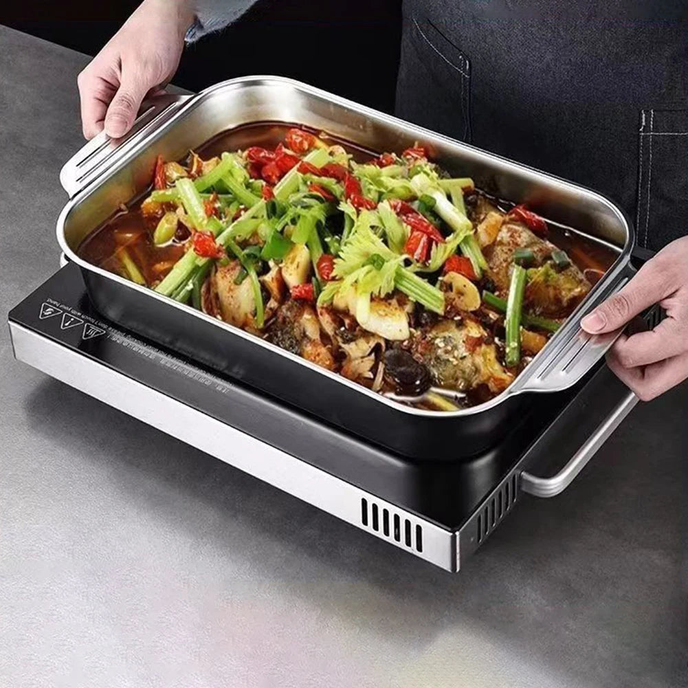 Large Capacity Stainless Steel Fish Deep Plate Both Gas and Induction Cooker BBQ Fried Beef Food Tray Seafood Dish Bbq Plate.