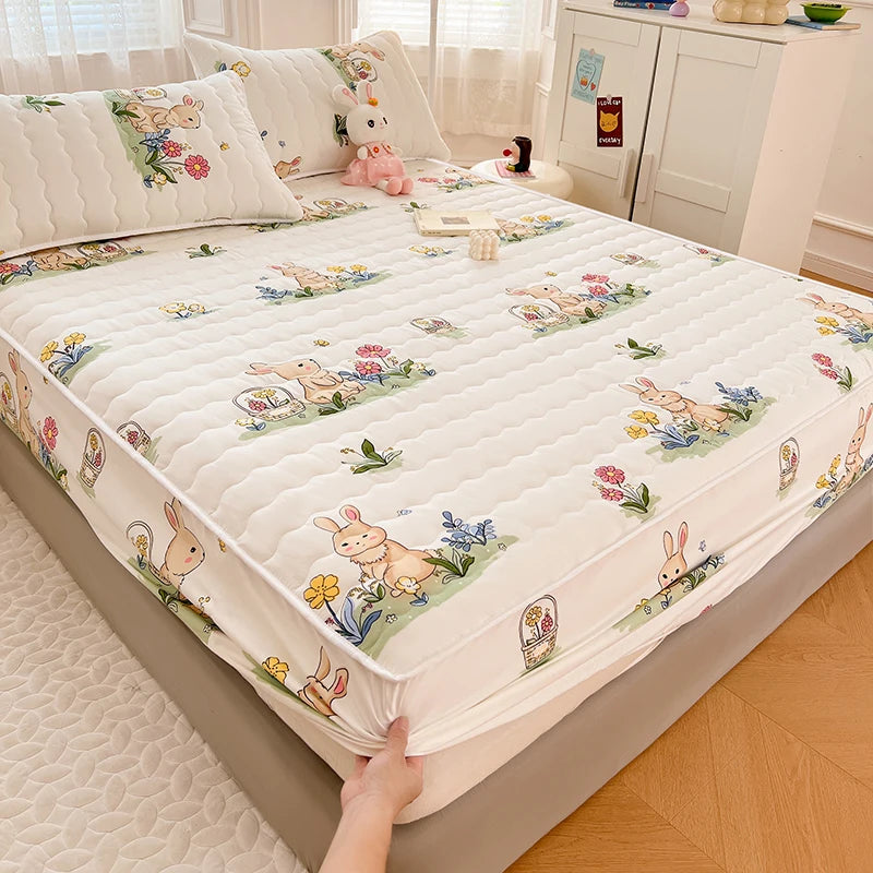 Quilted Mattress Cover For Kids Single/Double Size Rabbit Printing cubre colchón 200X220cm Anti-Mite 매트리스커버 Queen/King Size 매트리스.