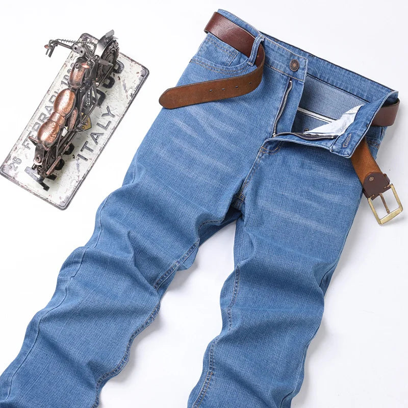 2024 New Brand Men's Fit Straight Lightweight Cotton Stretch Denim Pants Casual Male High Waist Thin Light Blue Business Jeans.