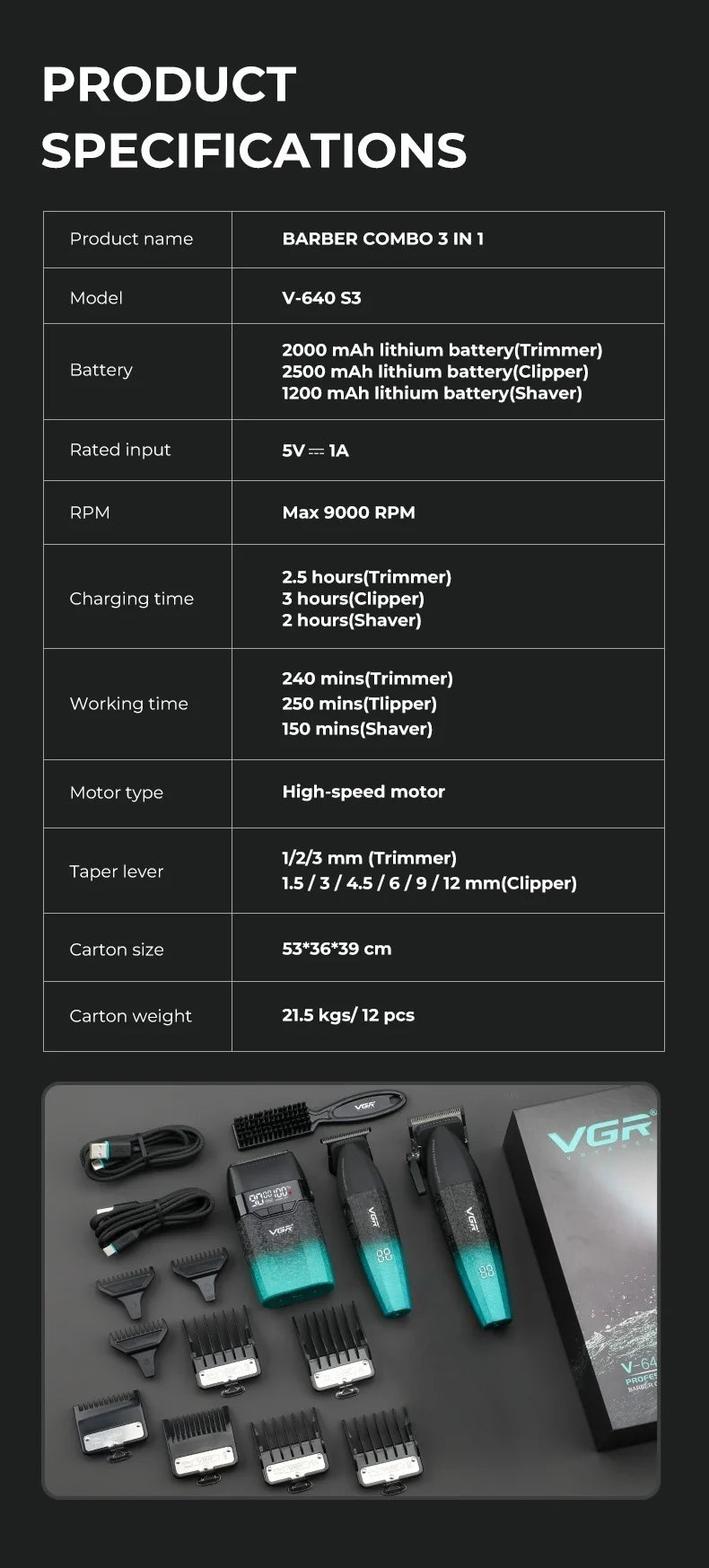 VGR Hair Clippers Professional Hair Trimmers Rechargeable Body Trimmer Electric Clippers Adjustable Hair Clippers Men V-640 s3.