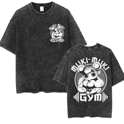 Japanese Anime Demon Slayer Uzui Tengen Vintage Washed T Shirts Funny Ninja Mice Muki Muki Gym Muscular Mouse Oversized T-shirt.