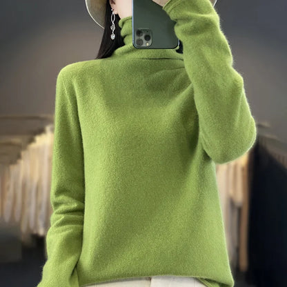 2025 100% Merino Wool Sweater Elegant Cashmere Pullover Women Pile Collar Long Sleeve Knitwear Basic Clothing  Jumper Tops