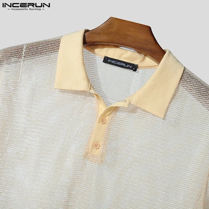 Men Short Sets Fashion Hollow Out INCERUN Two-piece Suits  Men's Sets Streetwear Short Sleeve Tops Shorts Men's Clothing Summer