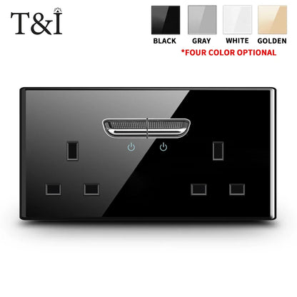 Schaltsteckdose aus gehärtetem Glas, selbstrückstellend, 1 2 3 4 Gang, Wandpaneel nach europäischem Standard nach britischem Standard mit Kontrollleuchte, 86 x 86 mm.