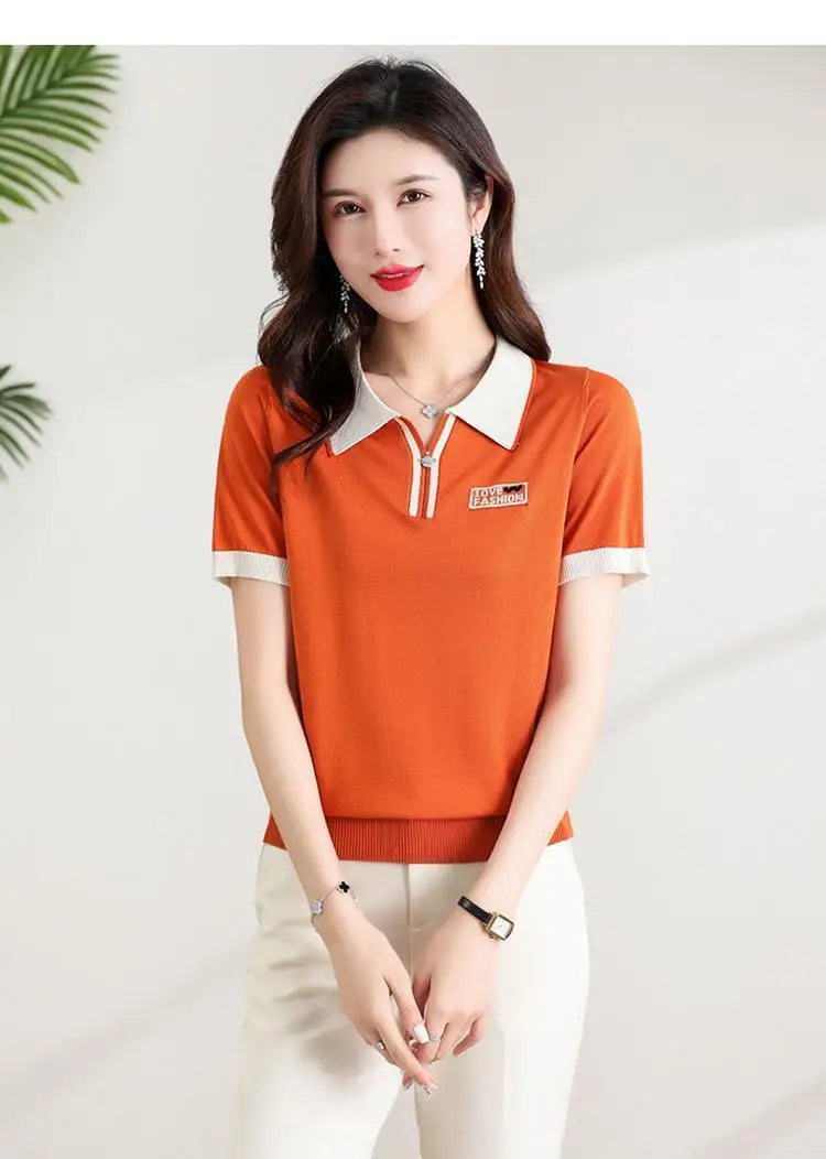 Fashionable polo collar middle-aged and elderly women's loose knitwear thin casual short-sleeved T-shirt.