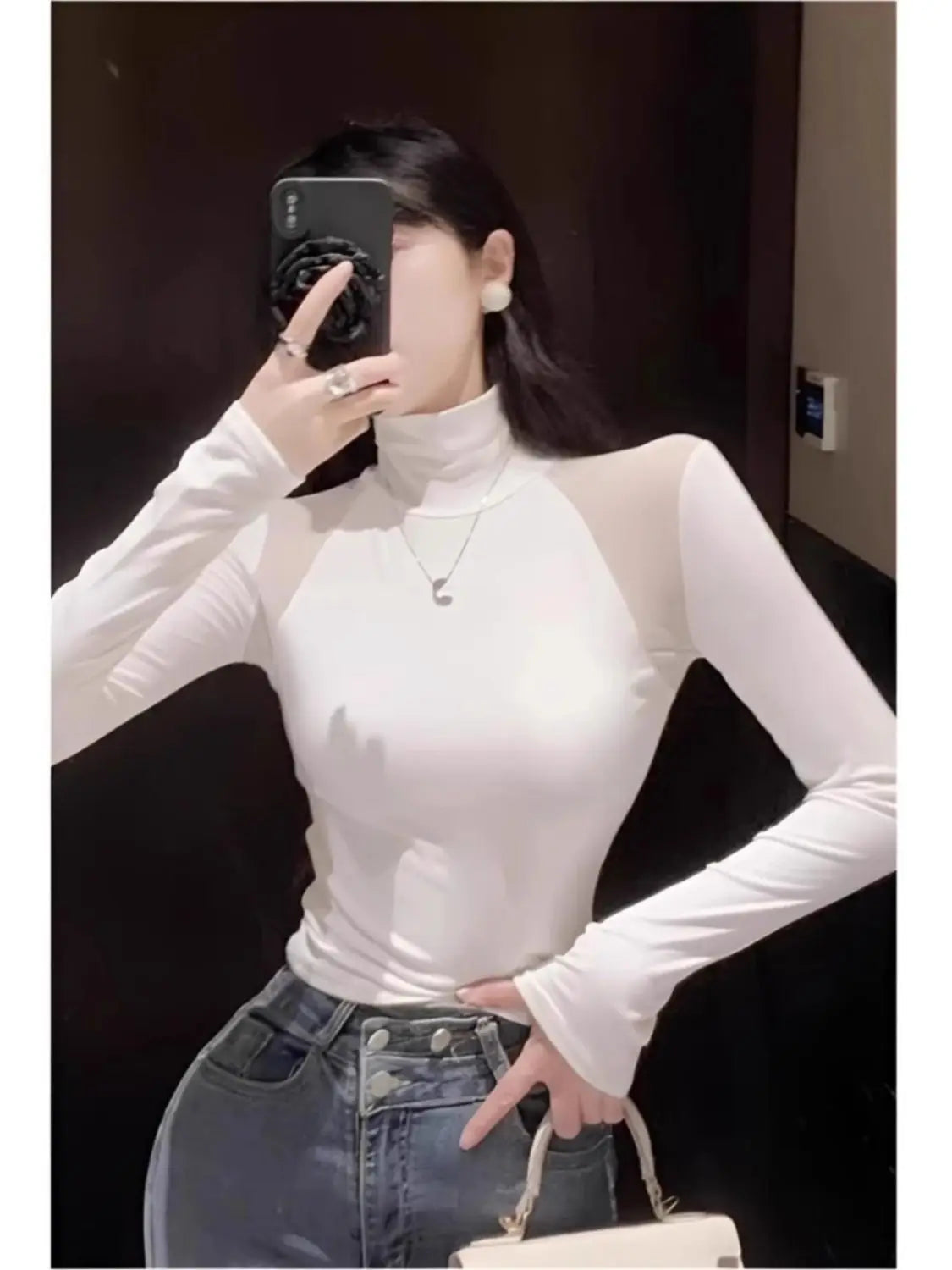 Sexy Pure Half Turtle Neck Small Mesh Splicing Slim Fit and Velvet T-shirt Base Shirt for Women in Autumn and Winter New Top.