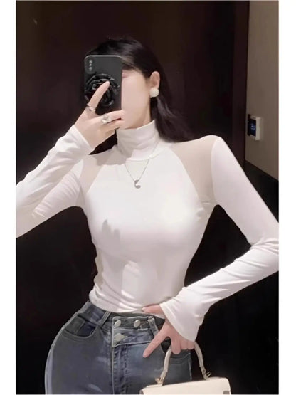 Sexy Pure Half Turtle Neck Small Mesh Splicing Slim Fit and Velvet T-shirt Base Shirt for Women in Autumn and Winter New Top.