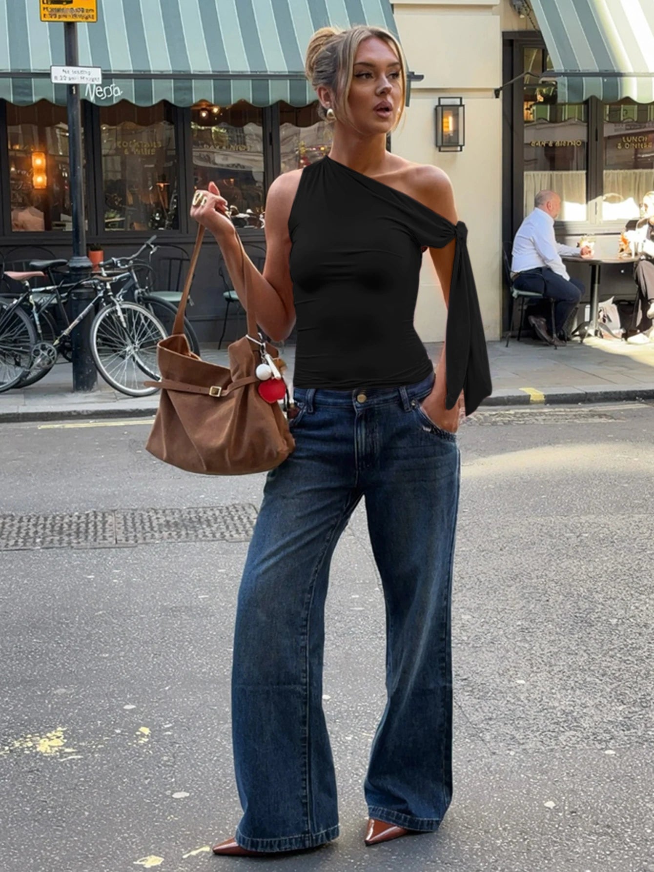 Dulzura Ladies Inclined Shoulder Sleeveless Slim Fit Lace Up Tank Top Solid Sexy Casual Y2K Top Party Club Street Summer Clothes.