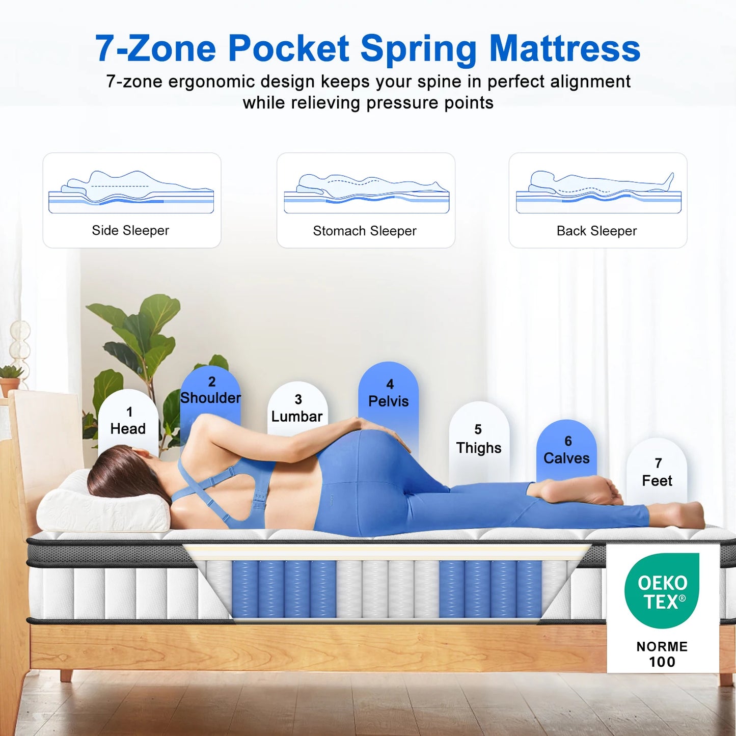 AUTHMIC Matratze – Taschenfederung, 7-Zonen-adaptive Unterstützung, 25 cm dick, atmungsaktiv und hautfreundlich, mittelfestes Gefühl, ruhiger Schlaf