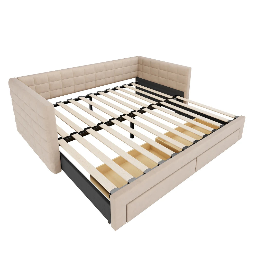 3-in-1 ausziehbares Schlafsofa 90 x 190 cm, Multifunktionsbett mit Schubladen, Einzel-/Doppelbett, Baumwolle und Leinen (Matratze nicht im Lieferumfang enthalten)