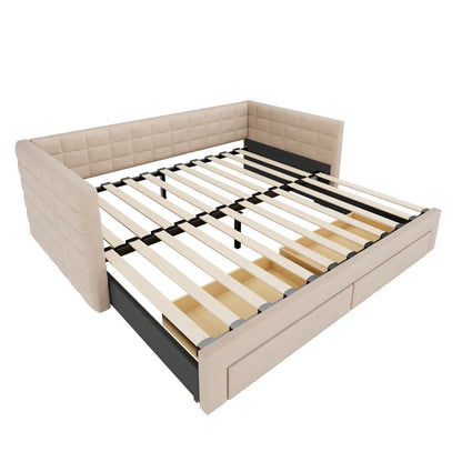 3-in-1 ausziehbares Schlafsofa 90 x 190 cm, Multifunktionsbett mit Schubladen, Einzel-/Doppelbett, Baumwolle und Leinen (Matratze nicht im Lieferumfang enthalten)