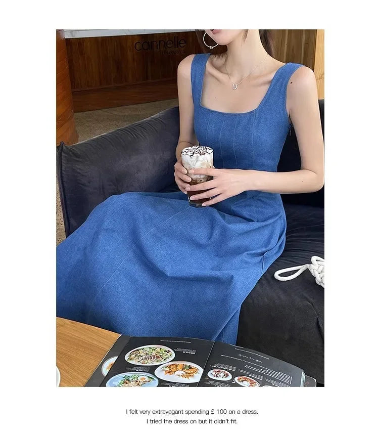 Blue Mist Love Französisches Jeanskleid für Damen, Sommer, einzigartiges Design, Taille, Cinching-Riemen, langes Kleid, elegante blaue Polyesterfaser