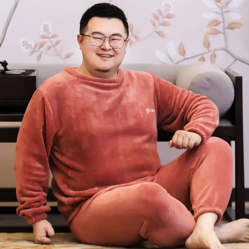 Winter Pajamas Coral Fleece Warm Pajamas Set Thick Long Sleeve Large Size 85kg Outside Pajamas Elastic Waist Trousers Pajama Set.