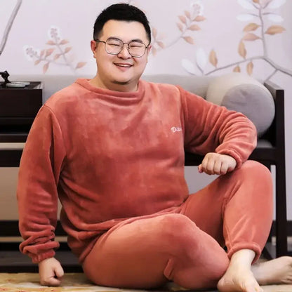 Winter Pajamas Coral Fleece Warm Pajamas Set Thick Long Sleeve Large Size 85kg Outside Pajamas Elastic Waist Trousers Pajama Set.
