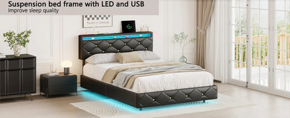 Anajqaqia 160 x 200 cm PU-Schwebebett mit verstellbarer Kopfteilhöhe + LED-Streifenbeleuchtung, Schwarz