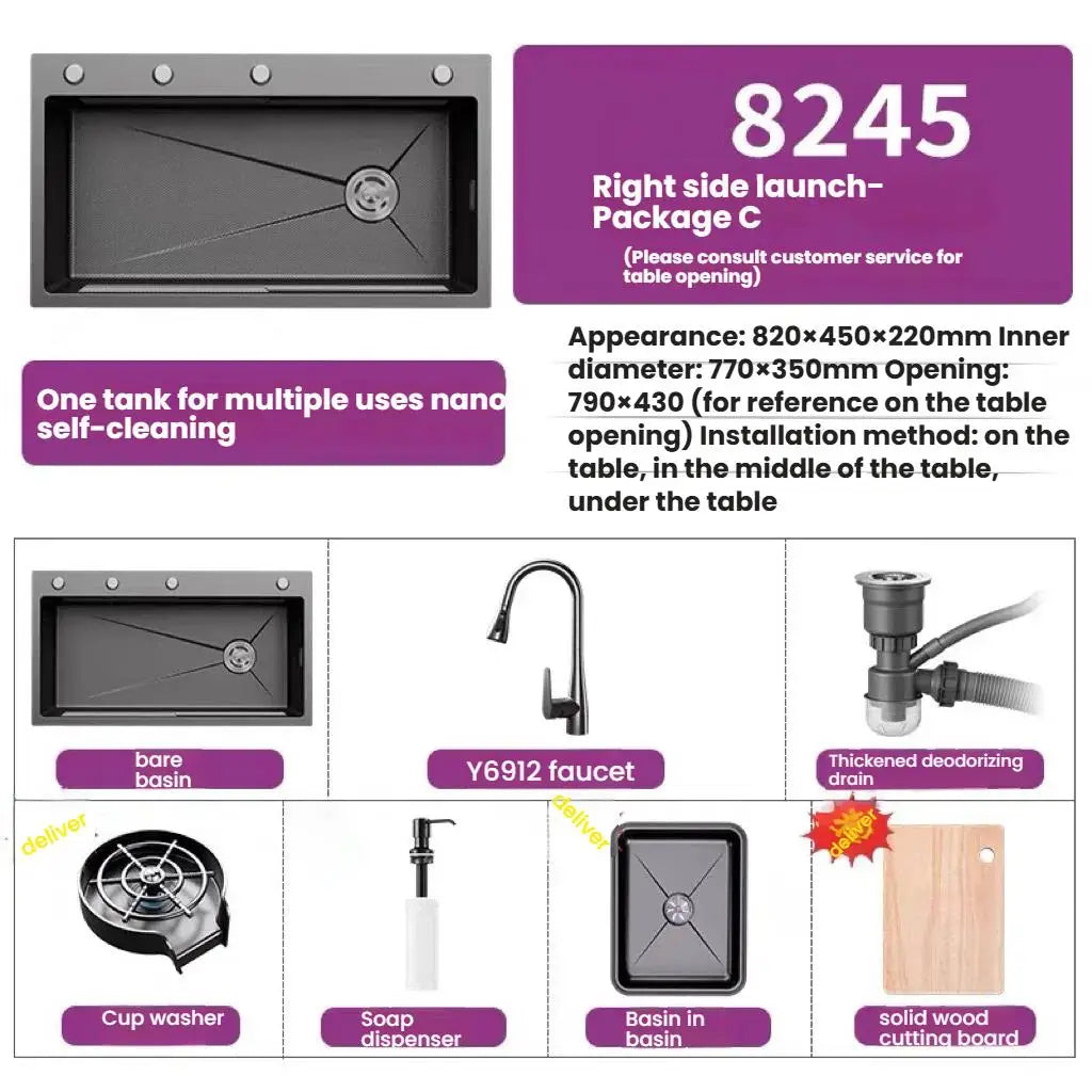 Stainless Steel Kitchen Sink Household Rice Grain Pattern Large Single Slot Wear Resistant Wash Dish Bowl Countertop Basin