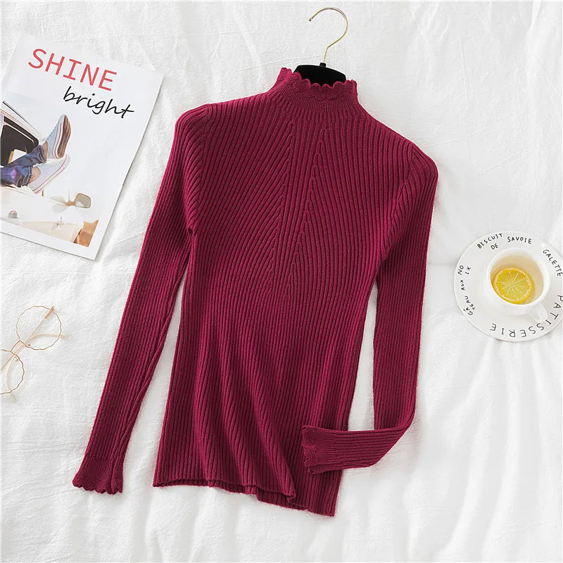 2026 weibliche Dünne Koreanische Strickwaren Tops Herbst Winter Pullover Frauen Hohl-out Pullover Langarm Rollkragenpullover.