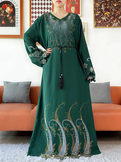 2025Fashion Dubai Diamond Muslim Women Modest Dress Elegant Arabic Femme Hijab Long Sleeve Chiffon Abaya Islamic Turkey Clothing.