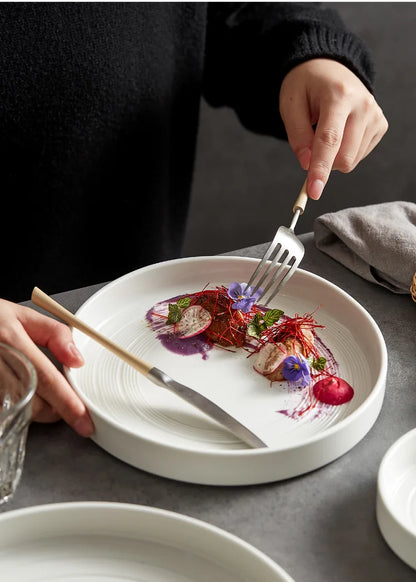 High end white ceramic steak brushed tableware, ceramic salad pasta plate dinner set plates and dishes ceramic plate sushi plate.