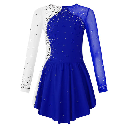 6-16Y Mädchen Eiskunstlauf Tanz Kleid Ballett Gymnastik Trikot Langarm Shiny Strass Sheer Mesh Leistung Dancewear