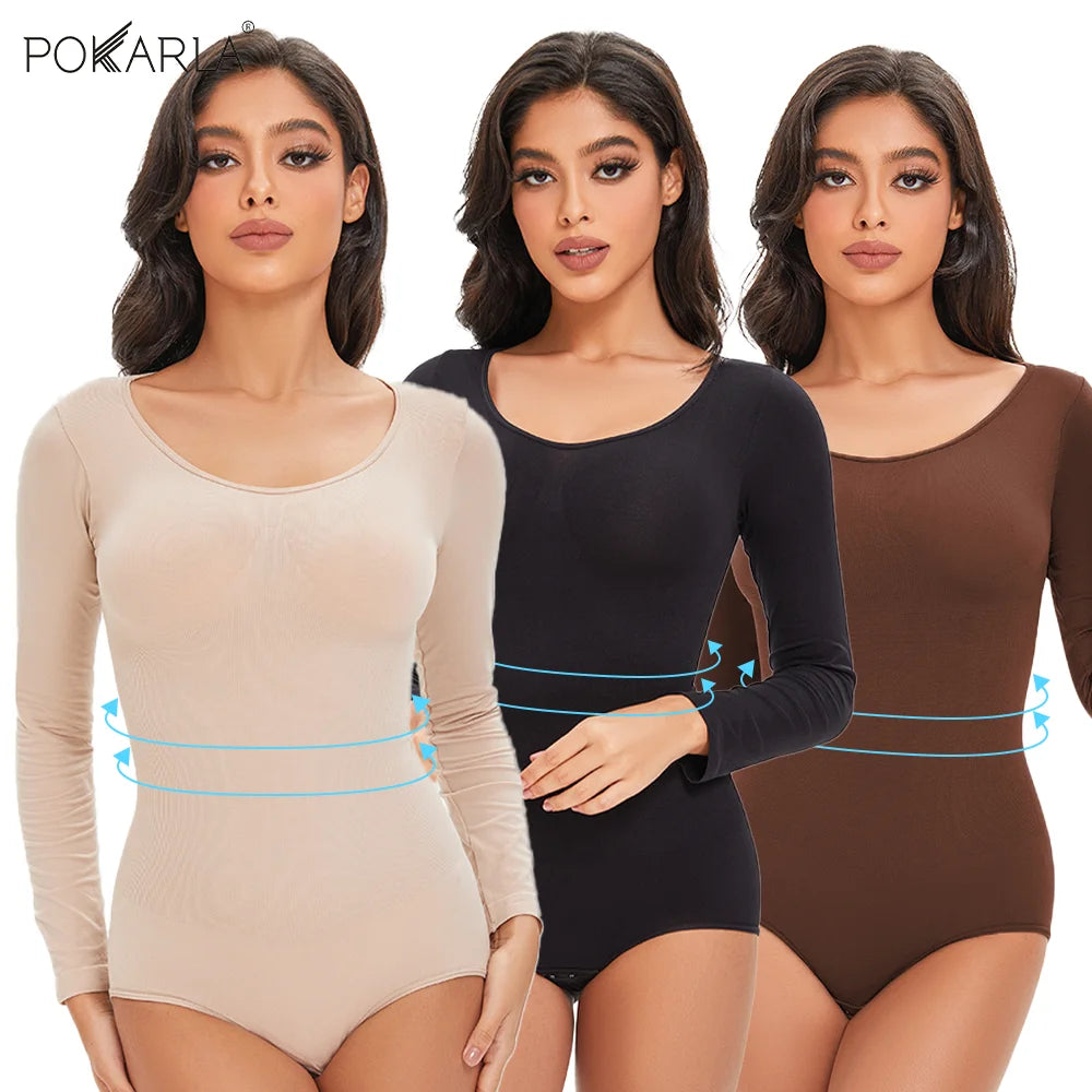 POKARLA Spandex Elastic Body Suit Shapewear Women Body Shaper Tummy Control Long Sleeve Open Crotch Round Neck Seamless Shapers.