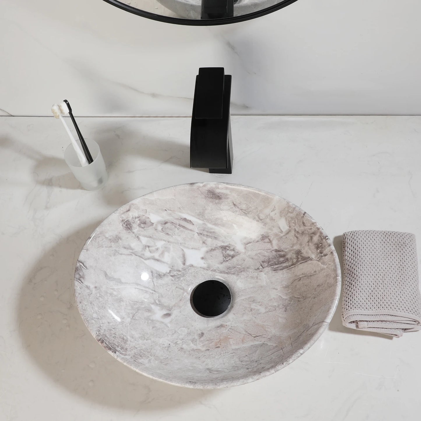 KEMAIDI Ovales Waschbecken mit Wasserhahn, weiße Marmorierung, Badezimmer-Waschbecken über der Theke, Keramik-Waschbecken für Badezimmermischer