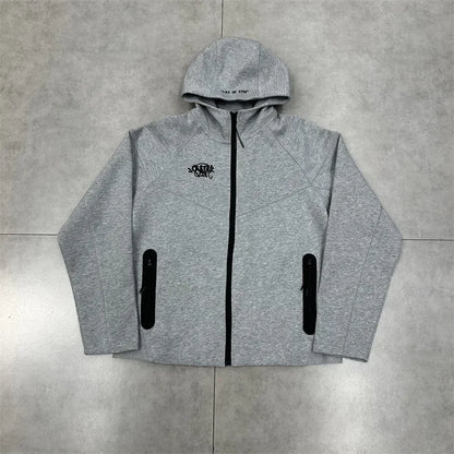 Casual Embroidered Fleece Lined Open Cardigan Hooded Zipper Pants Set for Men And Women Color Block Design by Syna.