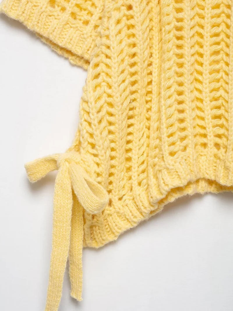 MUJER 2025 Stricken Crop Tops Frau Kurzarm Pullover Gestrickte Kurze Pullover für Frauen Gebunden Strickwaren Mode Damen Pullover.