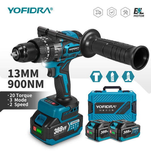 YOFIDRA 900N.M 13MM Bürstenlosen Elektrischen Schlagbohrmaschine 20 + 3 Drehmoment Handheld Bohren Schraubendreher Power Tool Für Makita Batterie pin
