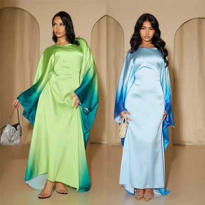 Gradient Color Shiny Batwing Satin Maxi Abaya Dubai Luxury 2024 Abayas For Women Muslim Kaftan Dress Islam Caftan Marocain Femme.