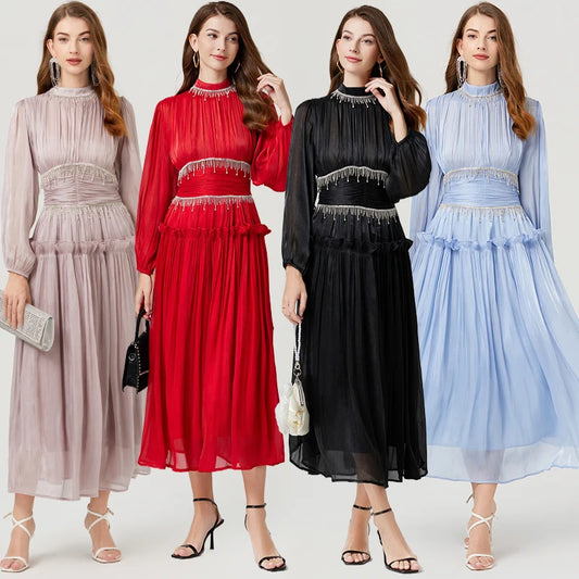 Französisch Luxus Kristall Perlen Quaste Glanz Roben Urlaub Frauen stehen Laterne Ärmel Rüschen plissiert formale Gelegenheit Ballkleid 622