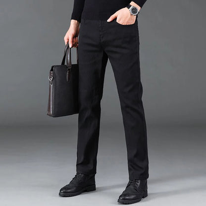 Men Business Denim Pants Male Classic Casual Straight Leg Slim Fit Trousers Elastic Solid Smoke Gray Pants.