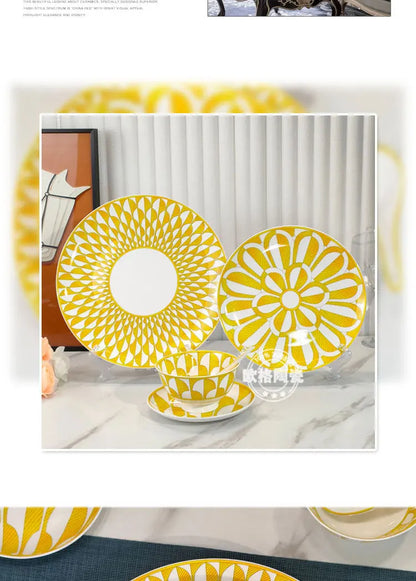European style tableware, bone china, geometric creativity, home style steak plate dining plate, sunshine cup and plate set gift.