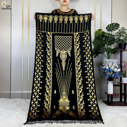 2023 New Muslim Summer Short Sleeve Robe Gold Stamping Boubou Maxi Women Femme Loose Dress With Big Scarf African Abaya Clothes.