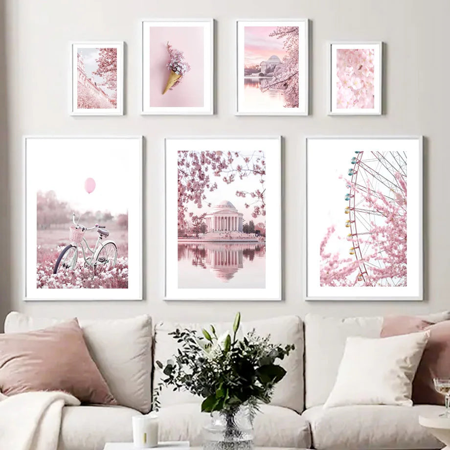 Pink Cherry Blossom Tulip Bicycle Flower Nordic Posters Ferris Wheel Wall Art Print Canvas Painting Living Room Home Decoration.