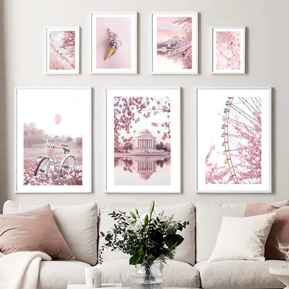Pink Cherry Blossom Tulip Bicycle Flower Nordic Posters Ferris Wheel Wall Art Print Canvas Painting Living Room Home Decoration.