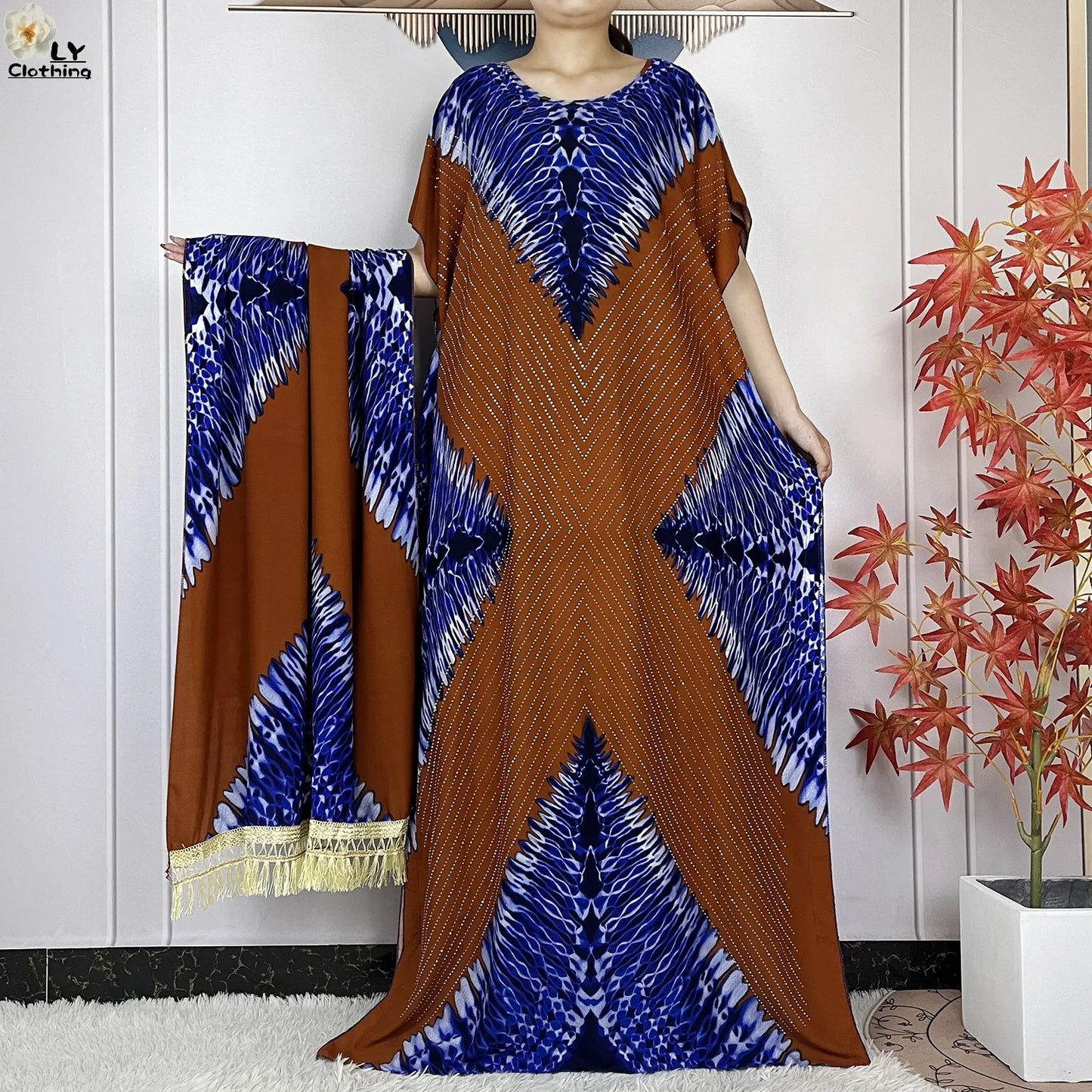 2024 New Muslim Women Dashiki Printed Dress Flower Diamonds Loose Dress With Big Scarf Islamic African Women Short Sleeve Abaya