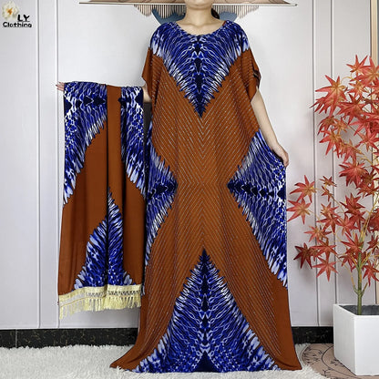 2024 New Muslim Women Dashiki Printed Dress Flower Diamonds Loose Dress With Big Scarf Islamic African Women Short Sleeve Abaya
