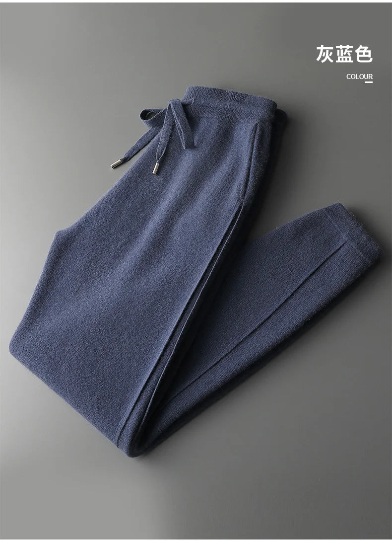 Thickened Four-Point Split Wear-Resistant 100% Cashmere Knitted Pants for Men with Pockets Elastic Waist Drawstring Slim Pants