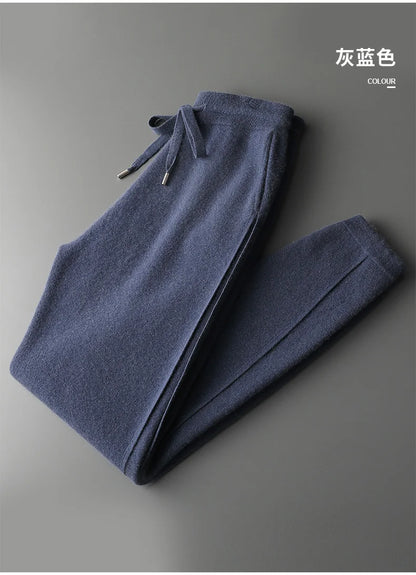Thickened Four-Point Split Wear-Resistant 100% Cashmere Knitted Pants for Men with Pockets Elastic Waist Drawstring Slim Pants