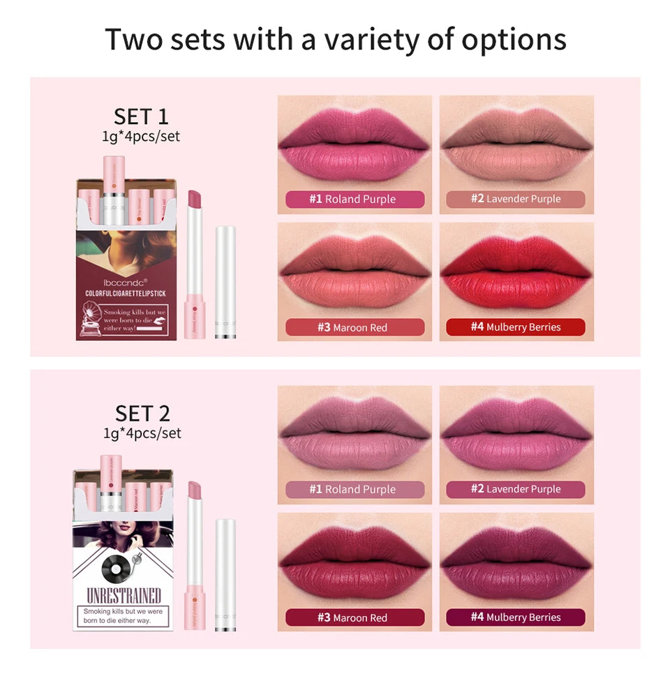 4 pcs/set Cigarette Lipstick Set Long Lasting Lip Glaze Matte Lip Gloss Waterproof Lip Stick Tube Nude Lip Tint Makeup Cosmetics