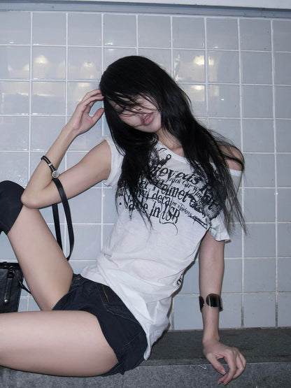 Karrram Japanese Y2k Letter Print T-shirt Trashy 2000s Style Tattoo T Shirt Vintage Harajuku Short Sleeve Sheer Tops Grunge Goth.