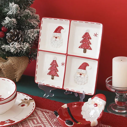 Nordic Stitching Santa Claus Dishes Plates Tableware Set Embossed Sealed Jar Seasoning Jar Western Ceramic Flat Plate Cup.