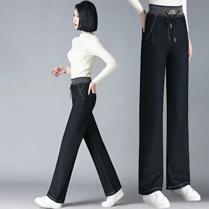 Women Elastic High Waist Straight Jeans Winter Warm Thicken Baggy Velvet Lined Wide Leg Denim Pants Korean Casual Vaqueros New.