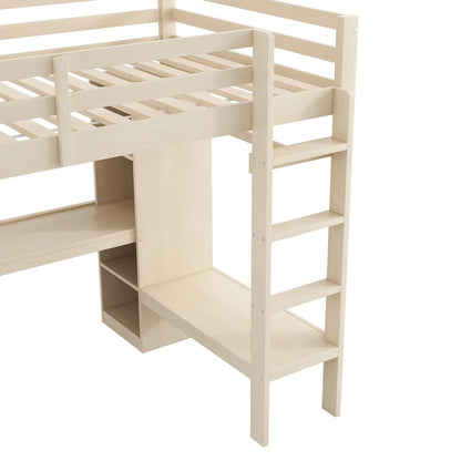 Modernes Kinder-Hochbett 140 x 200 mit Multifunktionsregalen, Unterbett-Schreibtisch, LED-Licht und USB, Kleiderschrank mit Stauraum, für Schlafzimmer