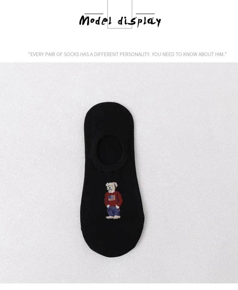 5 Pairs of Super Cute Bear Embroidered Cartoon Bear Boat Socks, Soft and Comfortable, Sweat Wicking and Versatile Short Socks.
