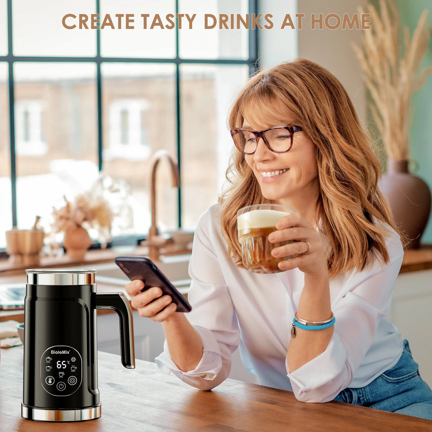 BioloMix 5-in-1 Milk Frother with Upgraded LED Display Touch Screen - Hot And Cold Foam Maker Milk Warmer for Coffee Latte.