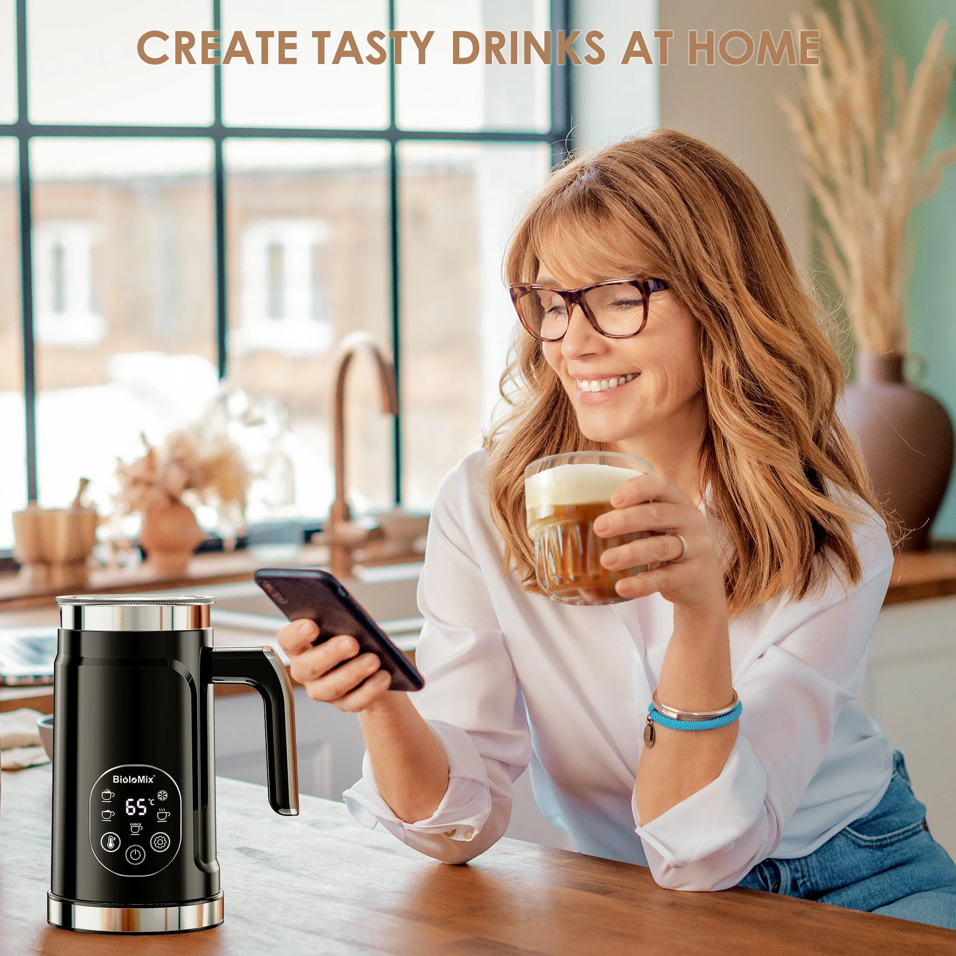 BioloMix 5-in-1 Milk Frother with Upgraded LED Display Touch Screen - Hot And Cold Foam Maker Milk Warmer for Coffee Latte.