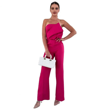 Neck-lengthening Jumpsuit Elegant Women's Strapless Jumpsuit Stylish Off Shoulder Romper with High Waist Wide Leg Chic for Women.
